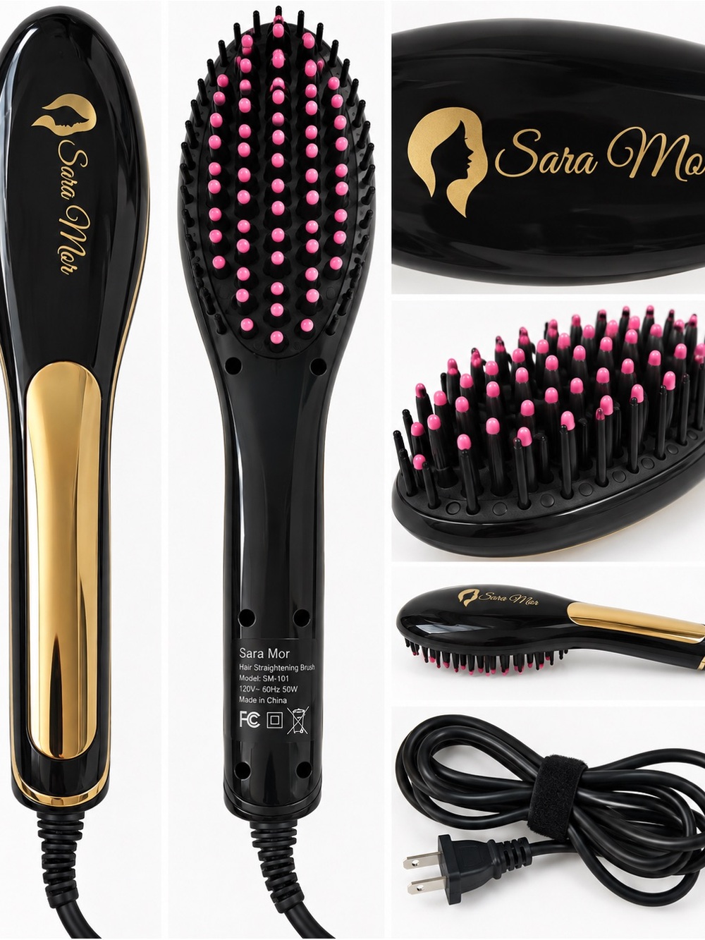 Sara Mor Heated Hair Straightening Brush Black Gold Pink Bristles Styling Tool